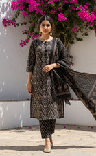 Black Cotton All-Over Floral Printed Kurti Set