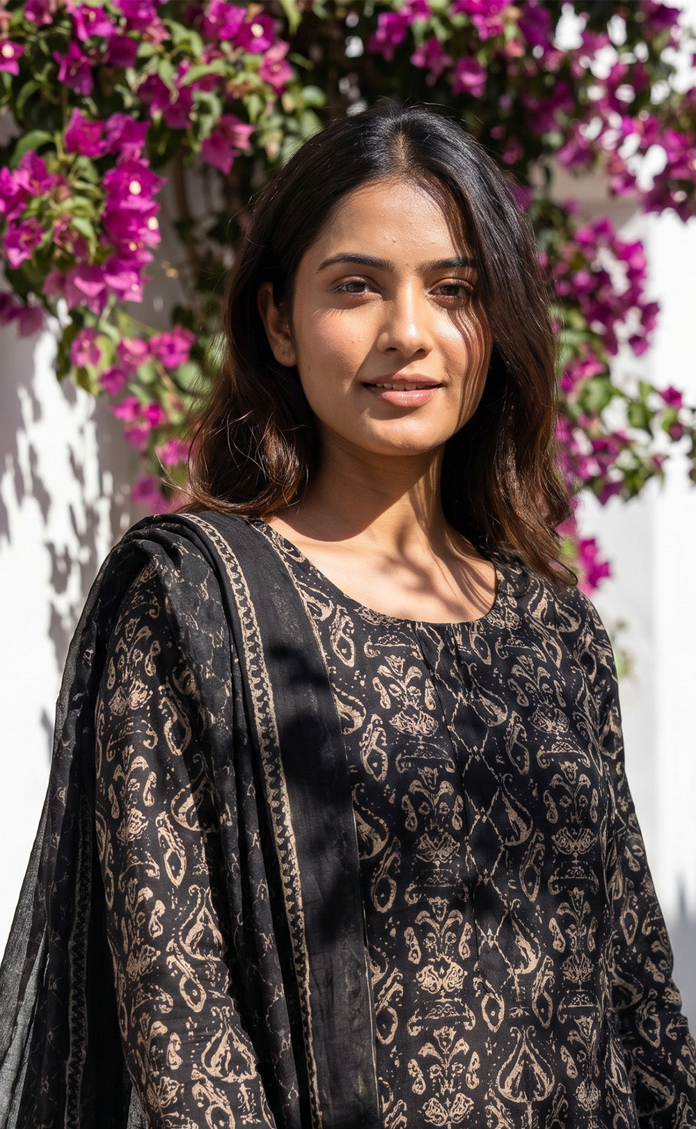 Black Cotton All-Over Floral Printed Patiyala Set