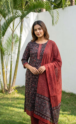 Black And Marron Cotton All-Over Printed Patiyala Set