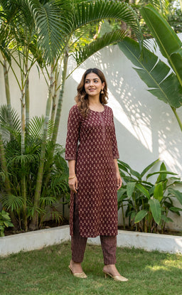 Brown Cotton All-Over Floral Printed Patiyala Set