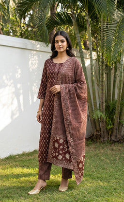Brown Cotton All-Over Floral Printed Patiyala Set
