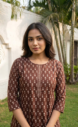 Brown Cotton All-Over Floral Printed Patiyala Set