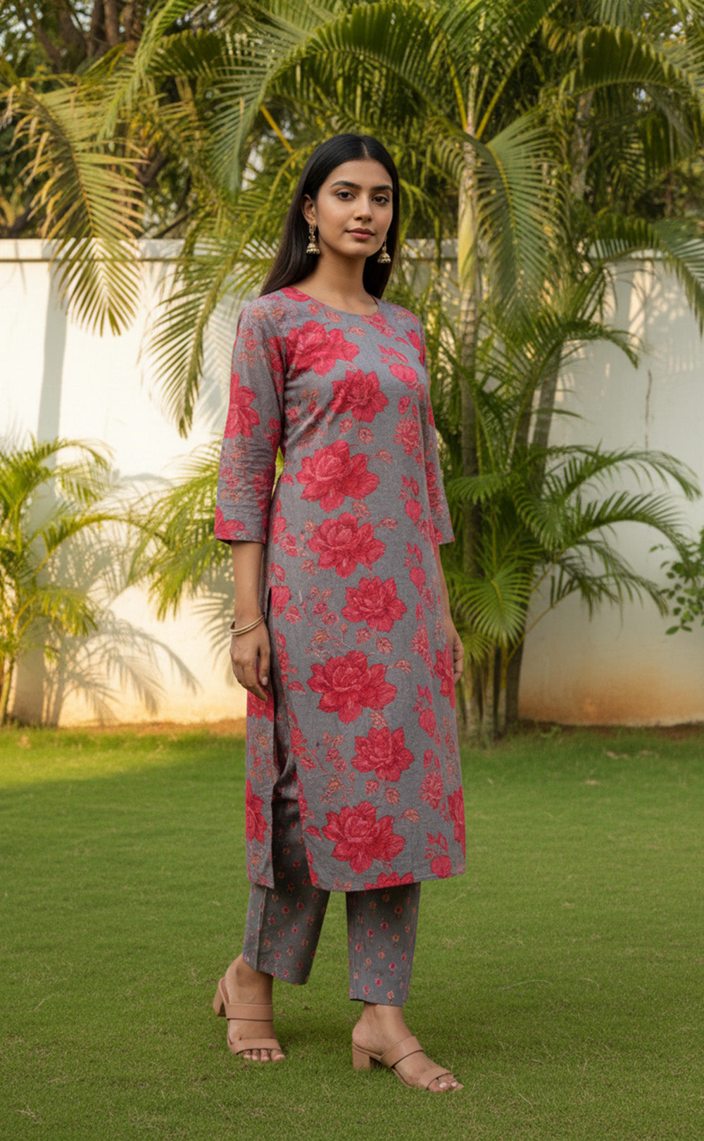 Pastel Blue And Pink Cotton All-Over Floral Printed Patiyala Set