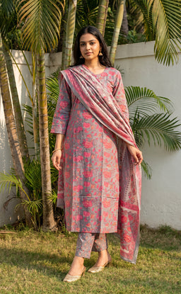 Pastel Blue And Pink Cotton All-Over Floral Printed Patiyala Set