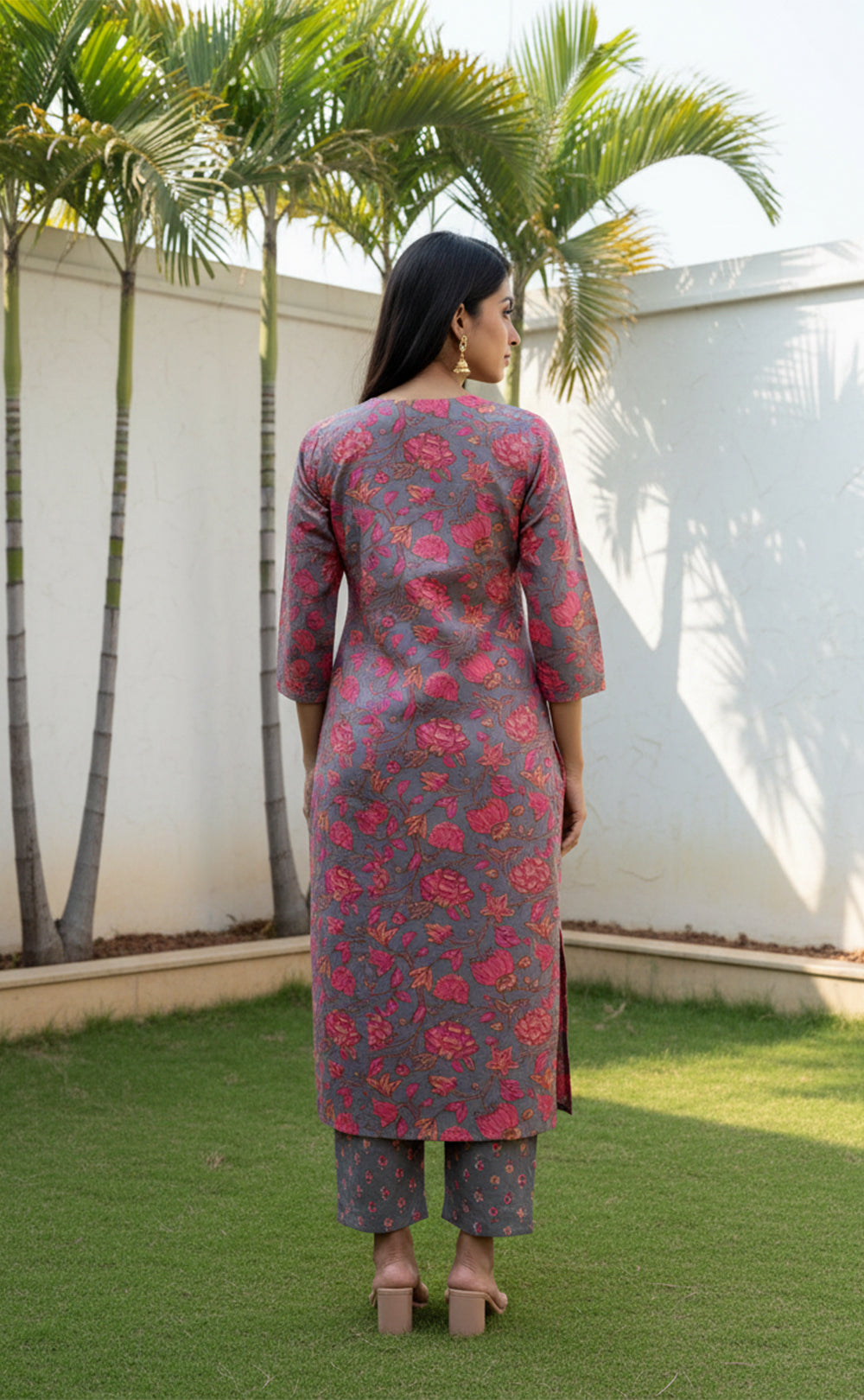 Pastel Blue And Pink Cotton All-Over Floral Printed Patiyala Set