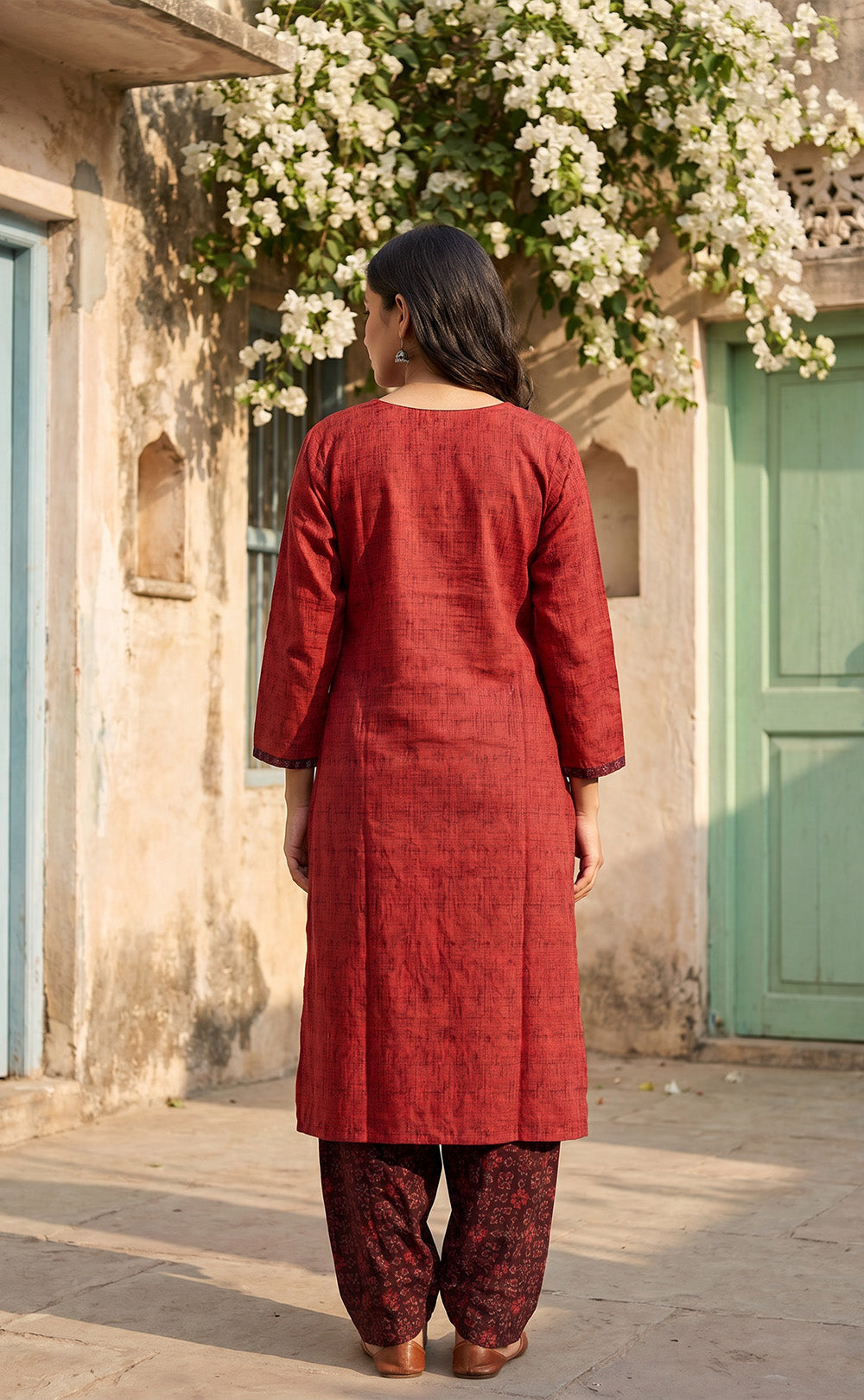 Deep Red Cotton Abstract Printed Pariyala Set
