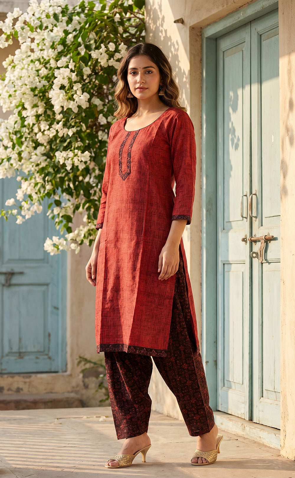 Deep Red Cotton Abstract Printed Pariyala Set