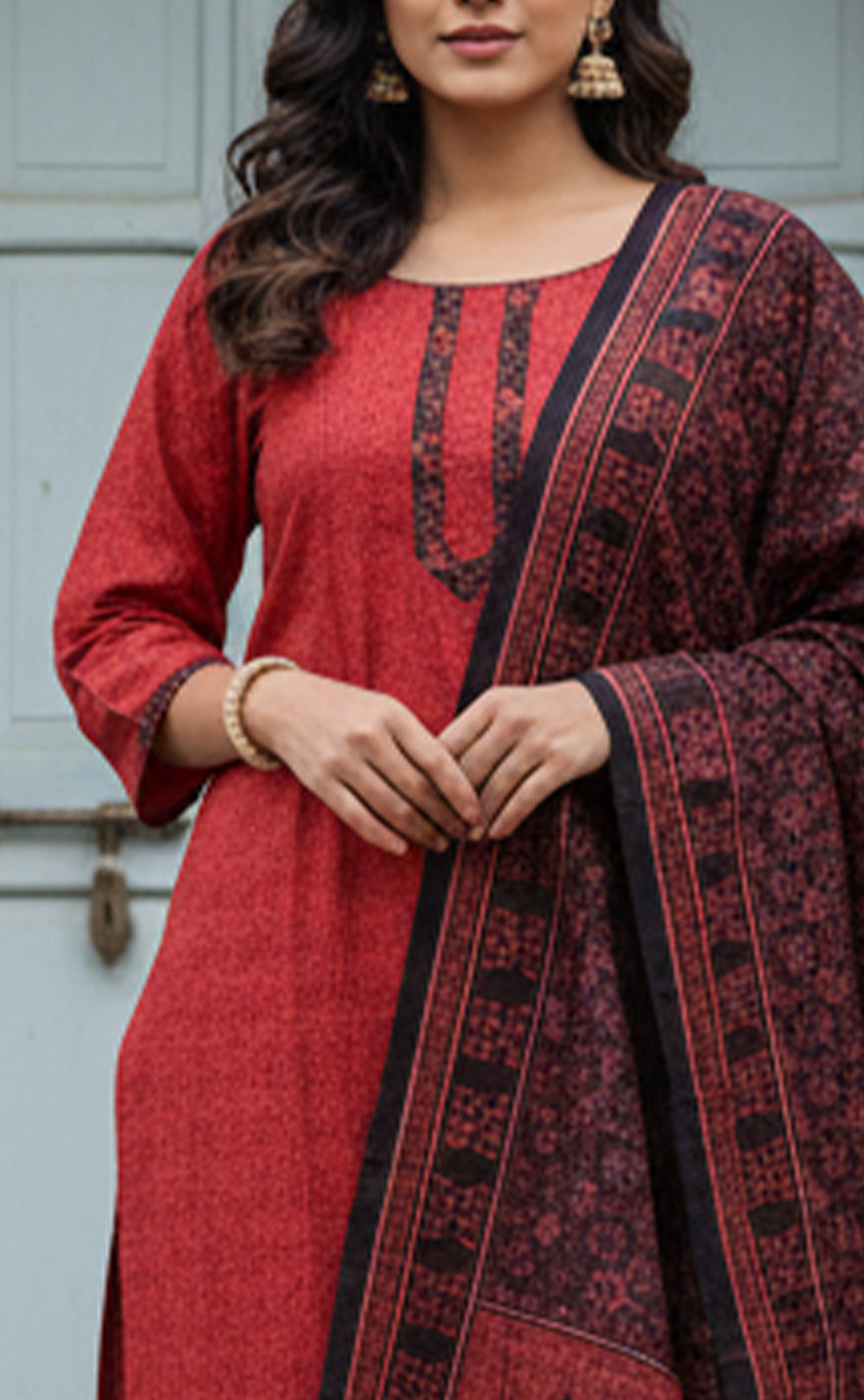 Deep Red Cotton Abstract Printed Pariyala Set