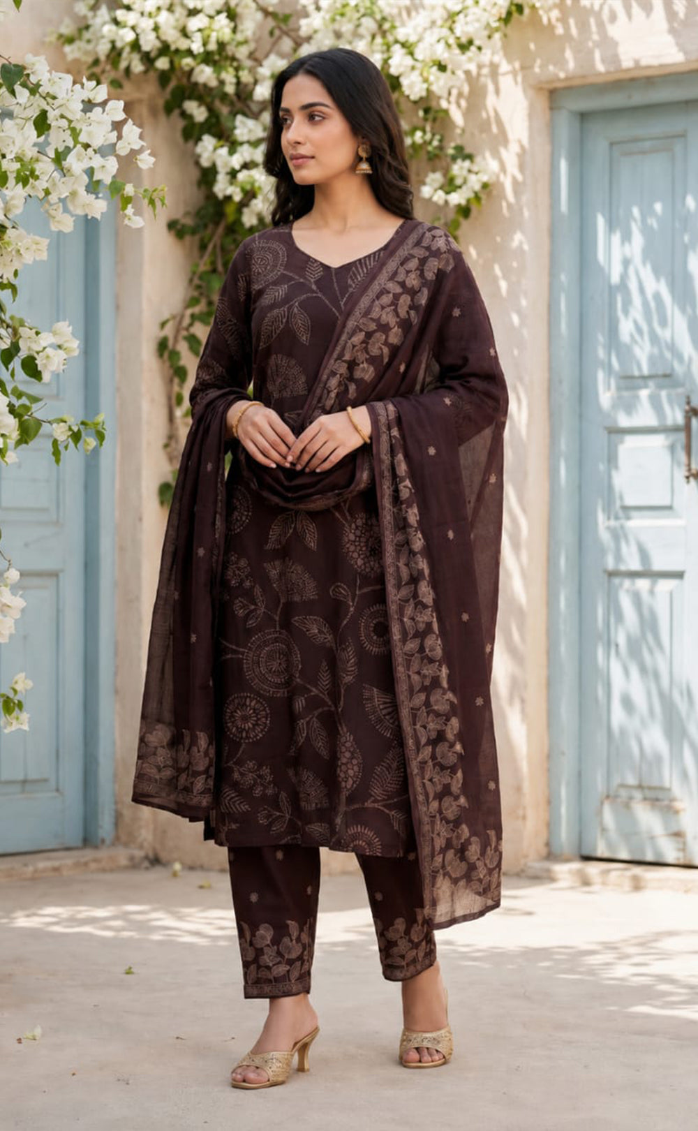 Deep Wine Cotton Leaf Printed Patiyala Set