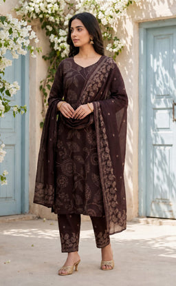Deep Wine Cotton Leaf Printed Patiyala Set