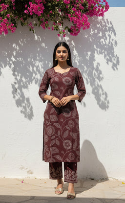 Deep Wine Cotton Leaf Printed Patiyala Set