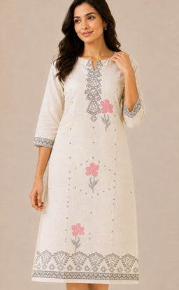 Half-White Cotton All-Over Floral And Small Buti Printed Straight Kurti