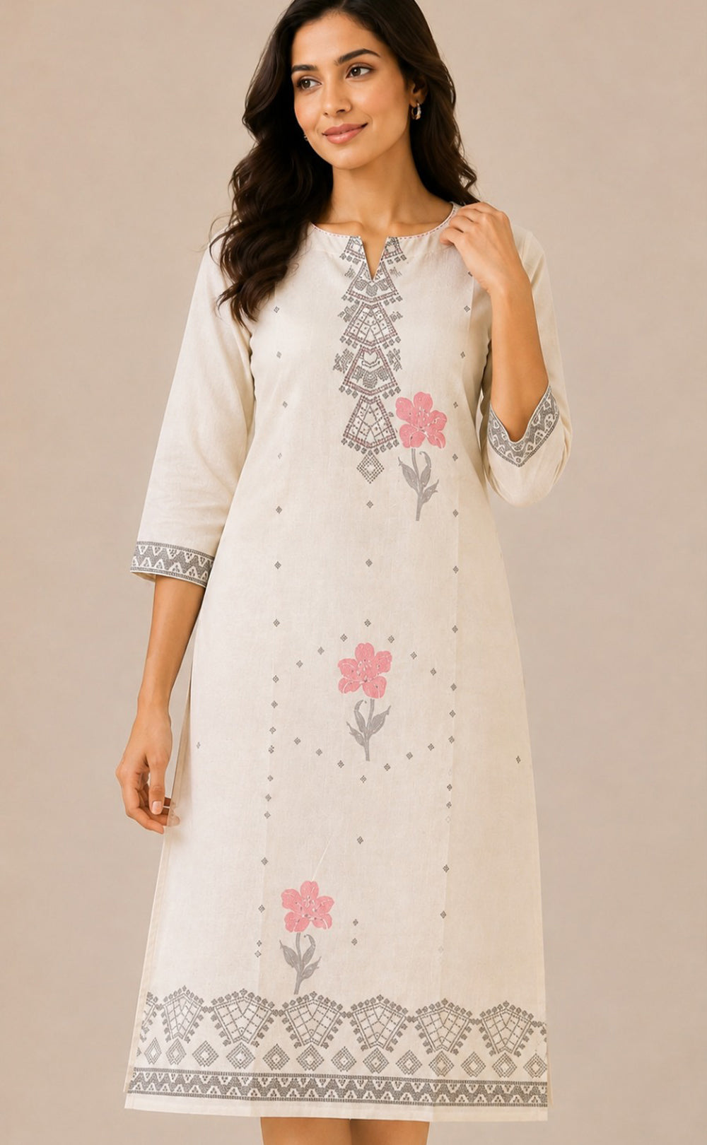 Half-White Cotton All-Over Floral And Small Buti Printed Straight Kurti