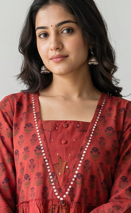 Marron Cotton All-Over Floral Printed Flare Kurti