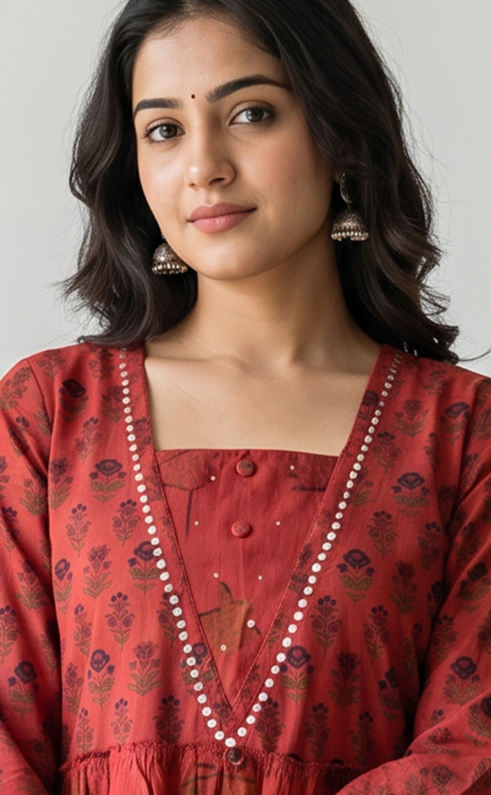 Marron Cotton All-Over Floral Printed Flare Kurti