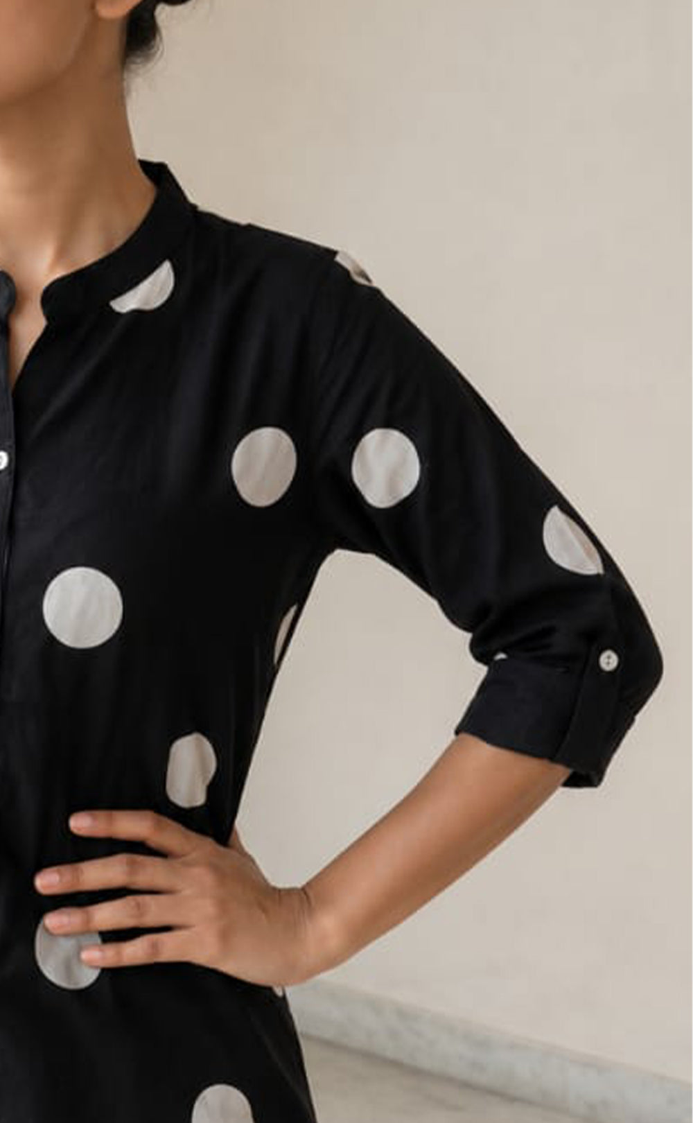 Black Rayon White Dots Front Buttons Straight Kurti