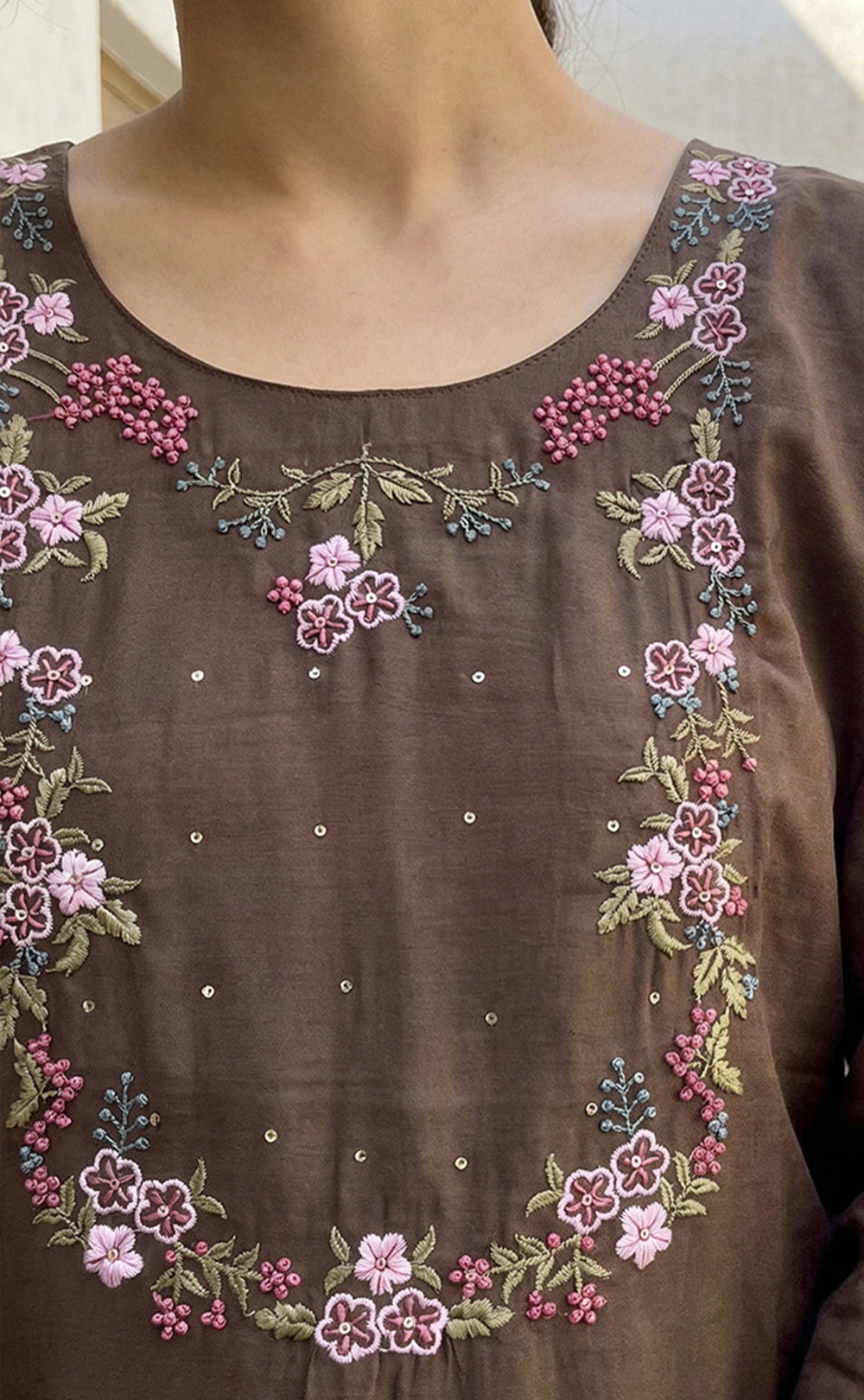 Dark Chocolate Brown Roman Silk Thread Embroidered Work Straight Kurti