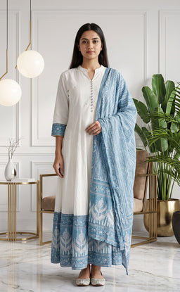 White Cotton Kurti Set With Bordar Printed And Traditional Dupatta