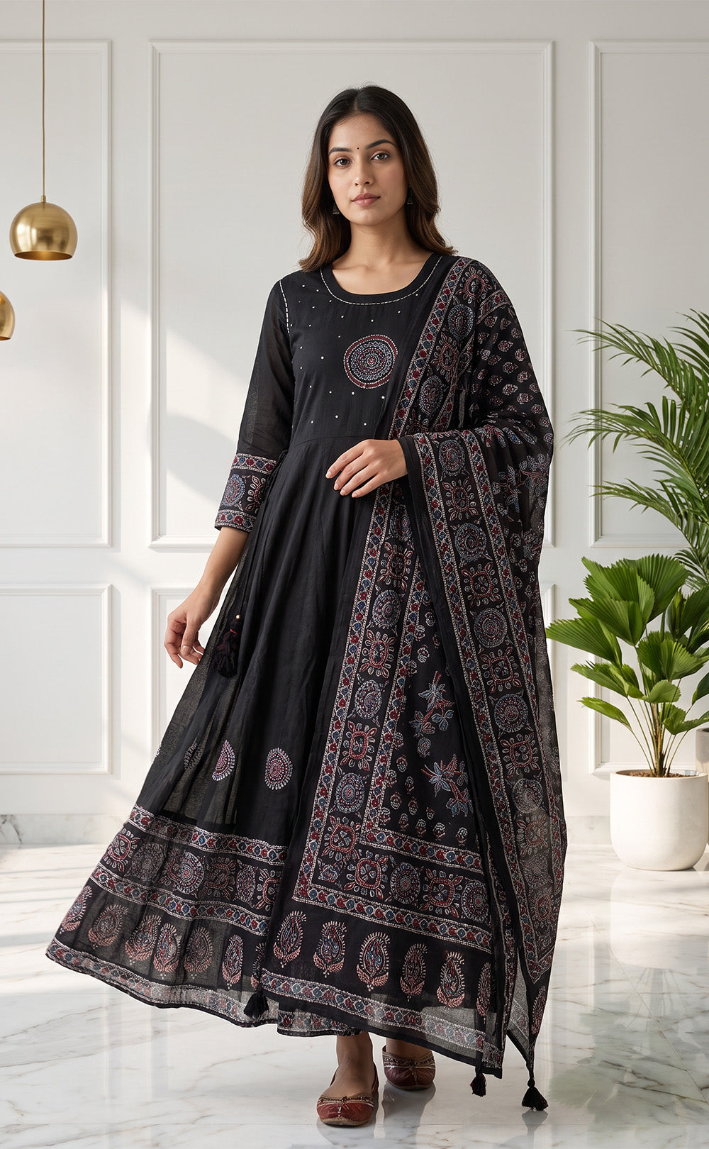 Black Cotton Ghera Kurti Set With Kanta Neck Work