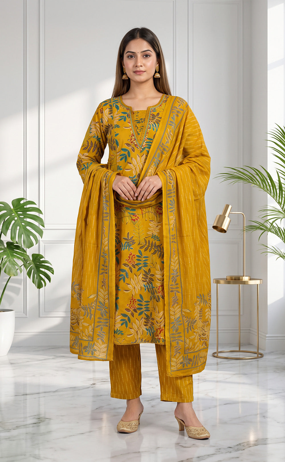 Mustard Yellow Cotton All-Over Floral Print Kurti Set