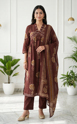 Brown Cotton All-Over Floral Print And Mirror Work Kurti Set