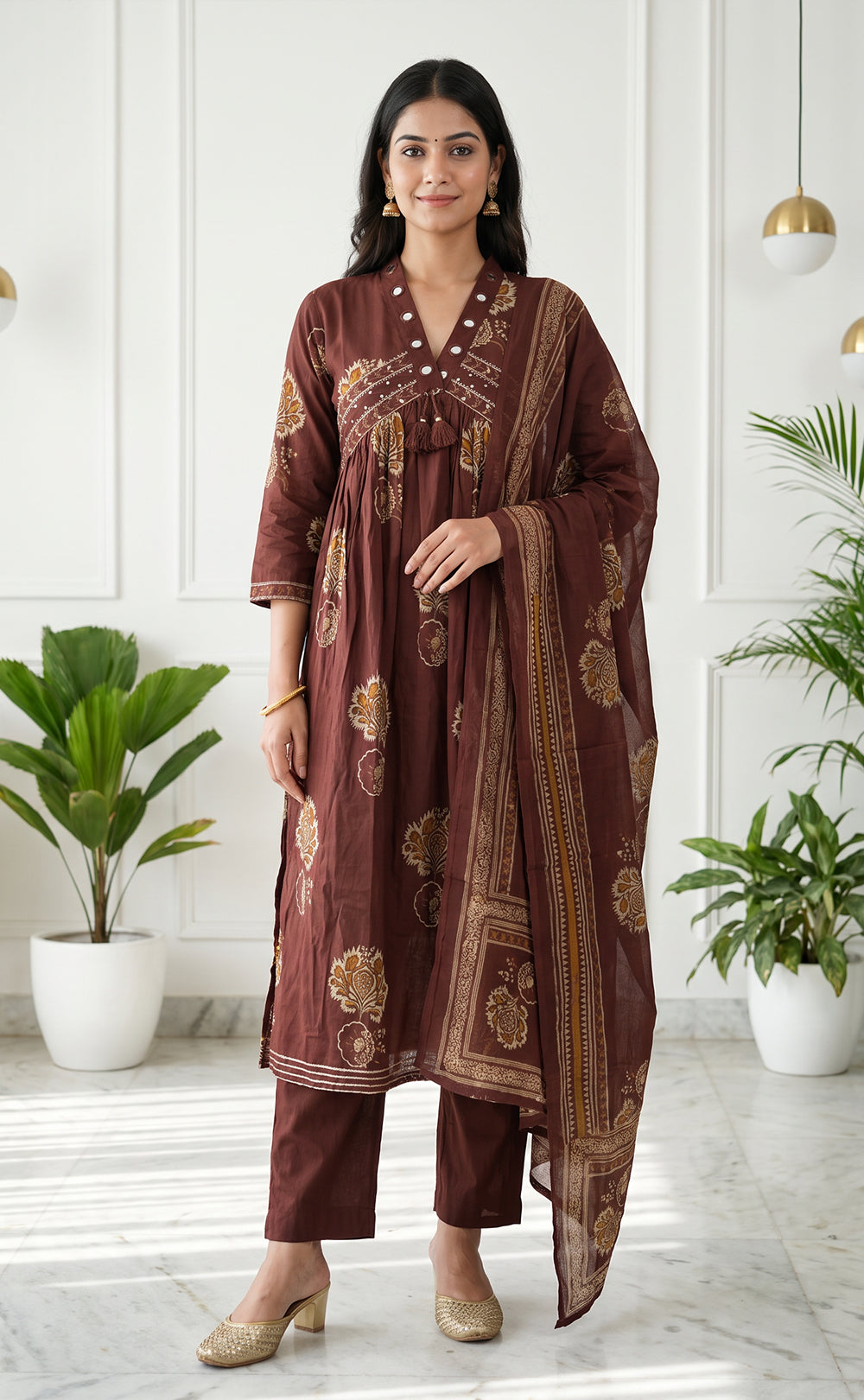 Brown Cotton All-Over Floral Print And Mirror Work Kurti Set