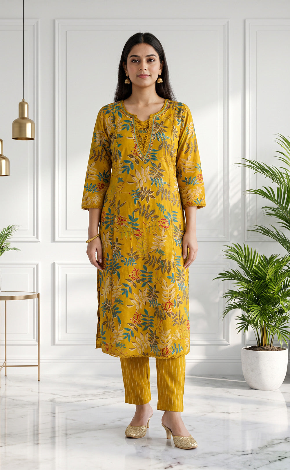 Mustard Yellow Cotton All-Over Floral Print Kurti Set