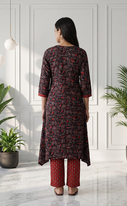 Black And Maroon Cotton All-Over Printed Patiyala Set