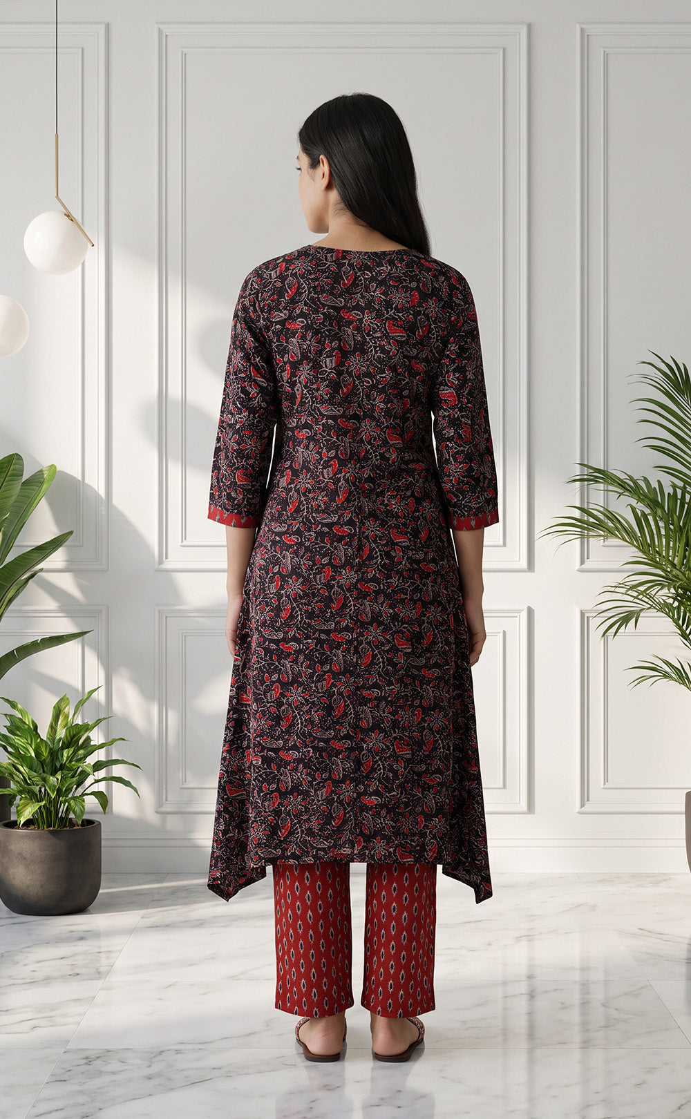 Black And Marron Cotton All-Over Printed Patiyala Set