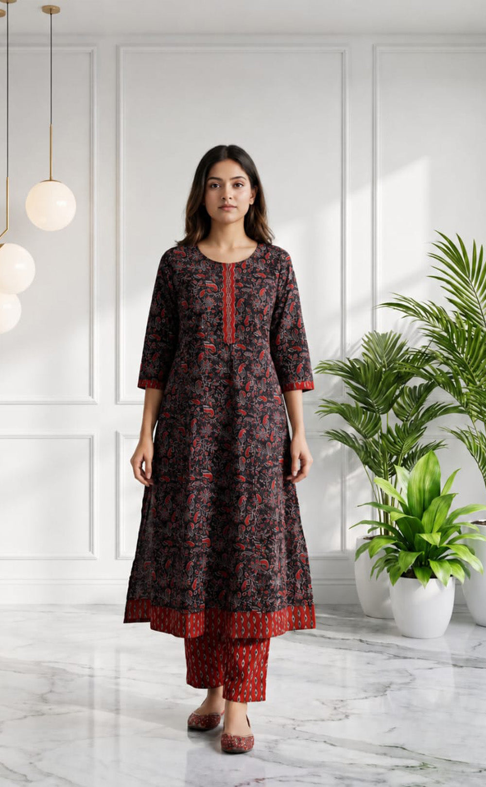 Black And Marron Cotton All-Over Printed Patiyala Set