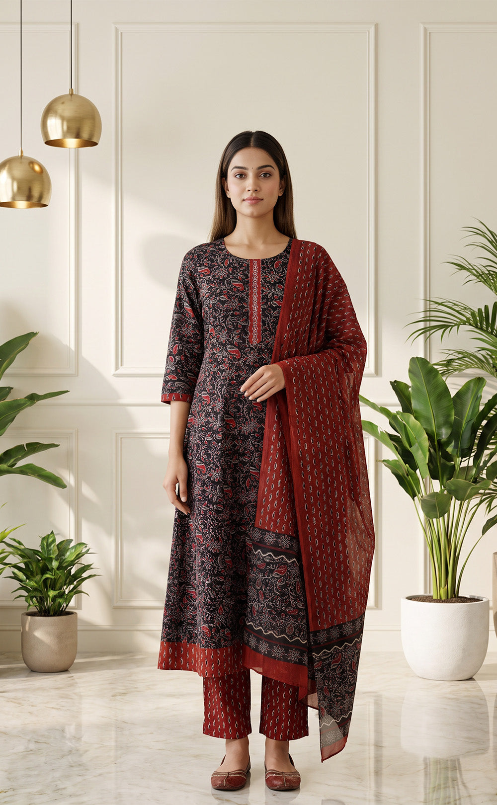 Black And Marron Cotton All-Over Printed Patiyala Set