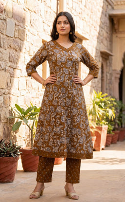 Mustard Yellow Cotton All-Over Printed Patiyala Set