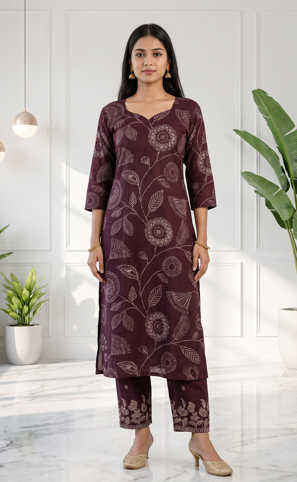 Deep Wine Cotton Leaf Printed Patiyala Set