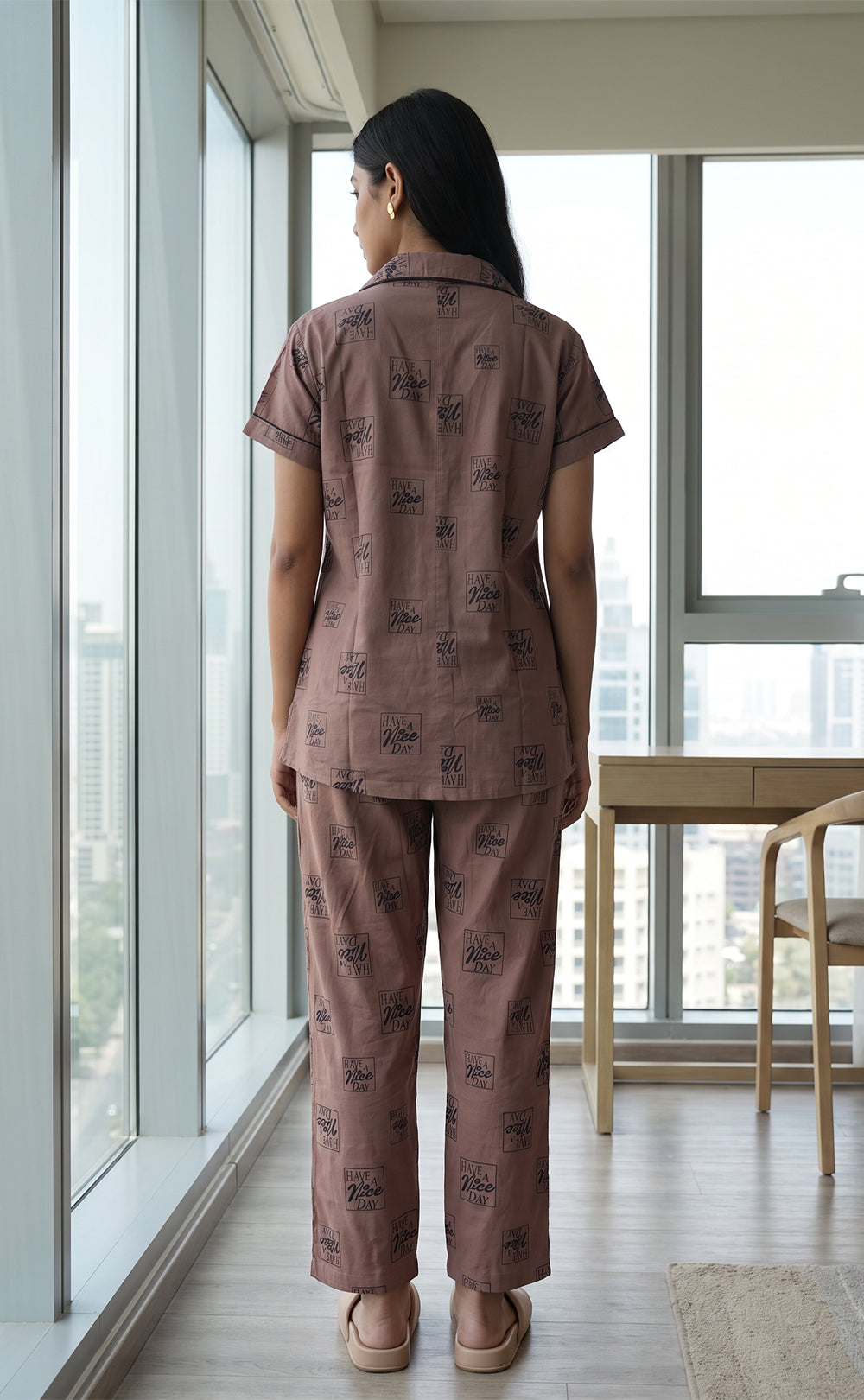 Pinkish Brown All-Over Placement Printed Night Suit