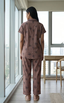 Pinkish Brown All-Over Placement Printed Night Suit