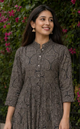 Black Cotton All-Over Floral Printed Kurti Gown