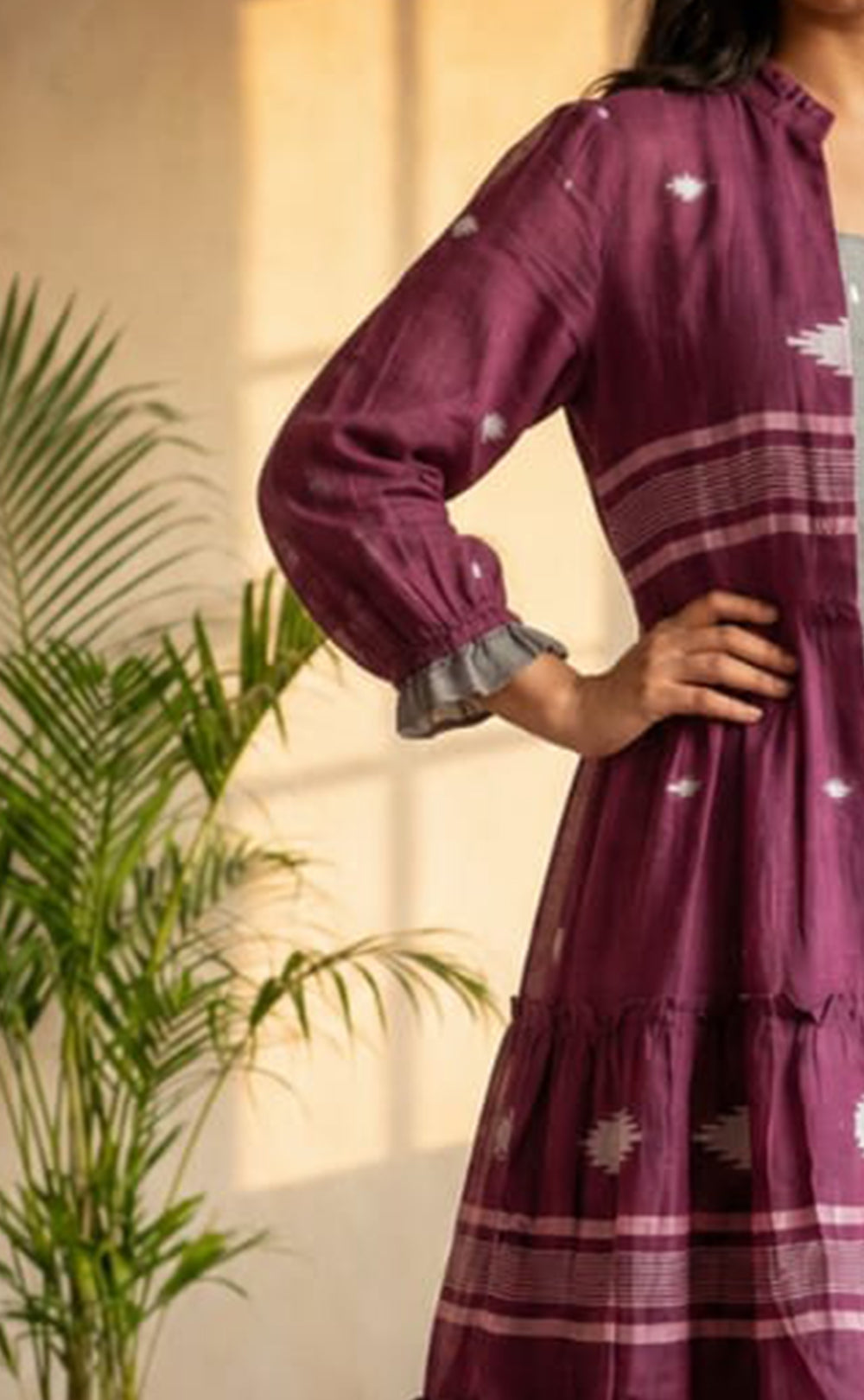 Deep Wine and Grey Cotton All-Over Ikkat Print Indo Western