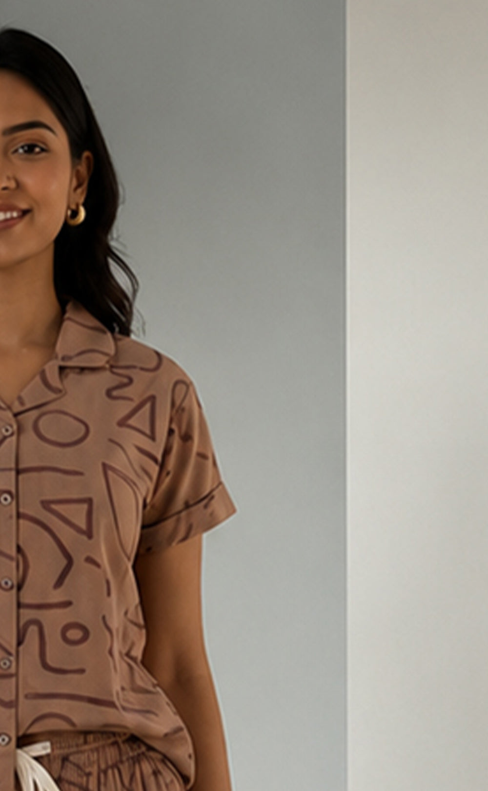 Coffee Colour All-Over Abstract Printed Night Suit