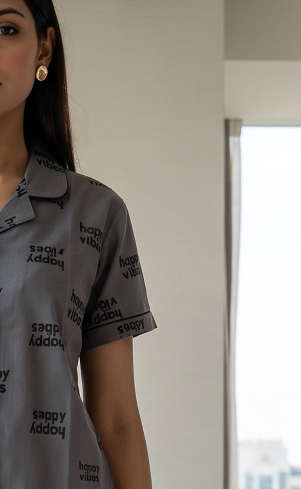 Dark Grey All-Over Text Printed Night Suit