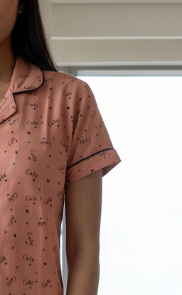 Peach Little Heart Printed Night Suit