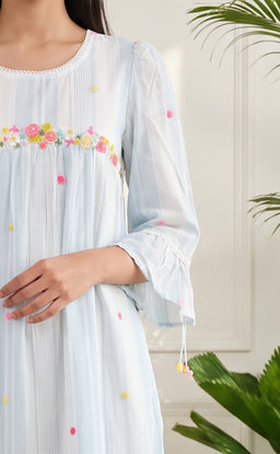 Pastel Blue Mul Cotton Thread Embroidery Work Indo Western