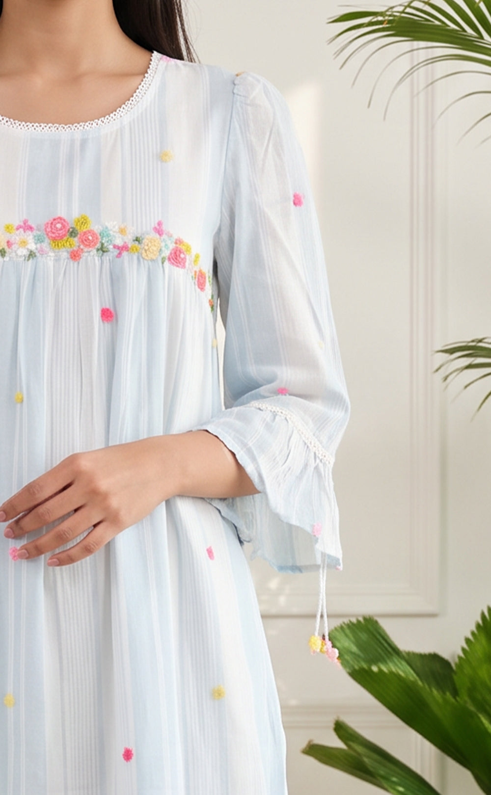 Pastel Blue Mul Cotton Thread Embroidery Work Indo Western
