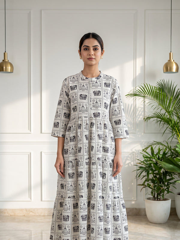 White Cotton All-Over Elephant And Geometric Printed Kurti Gown