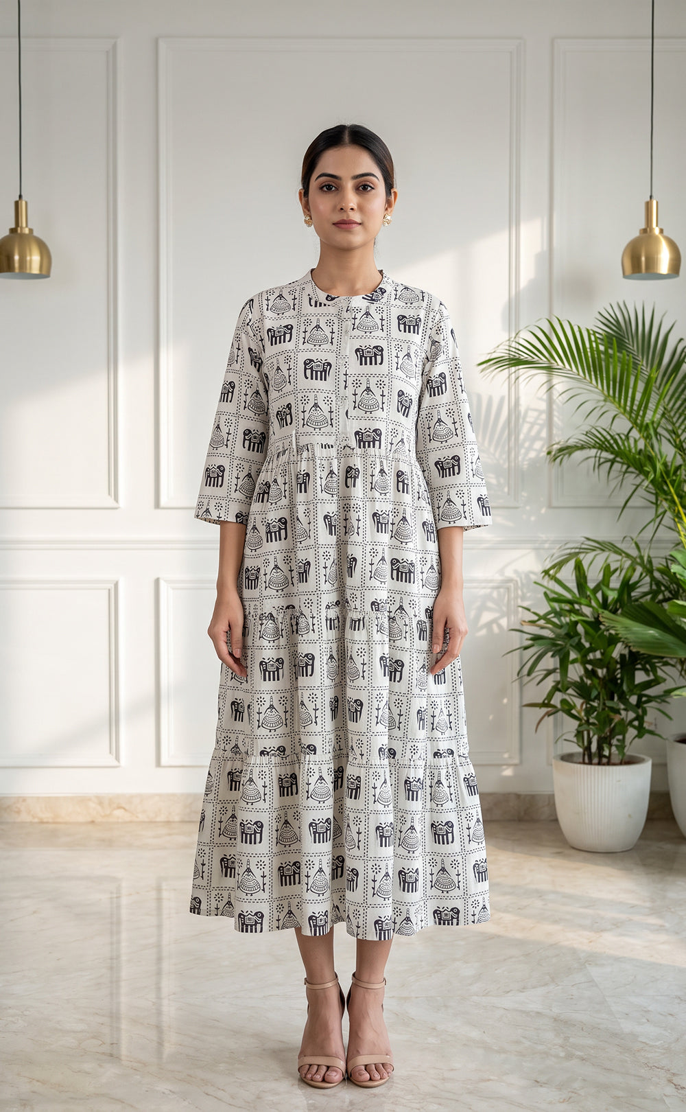 White Cotton All-Over Elephant And Geometric Printed Kurti Gown