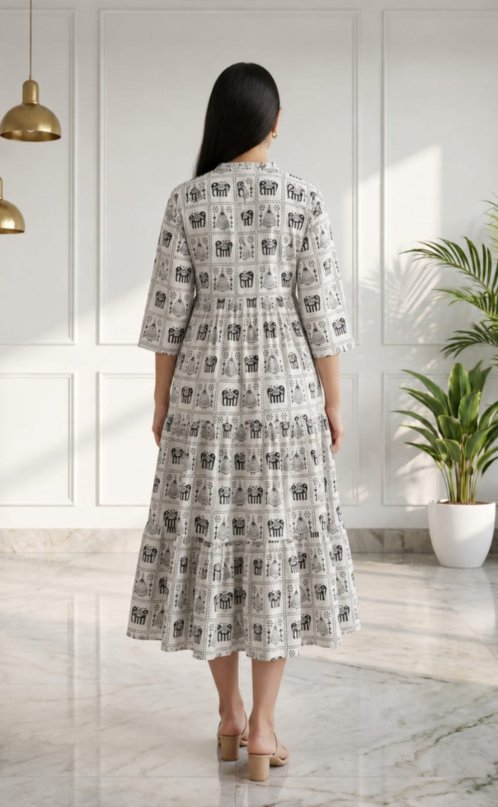 White Cotton All-Over Elephant And Geometric Printed Kurti Gown