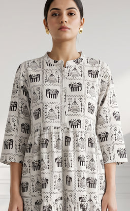White Cotton All-Over Elephant And Geometric Printed Kurti Gown
