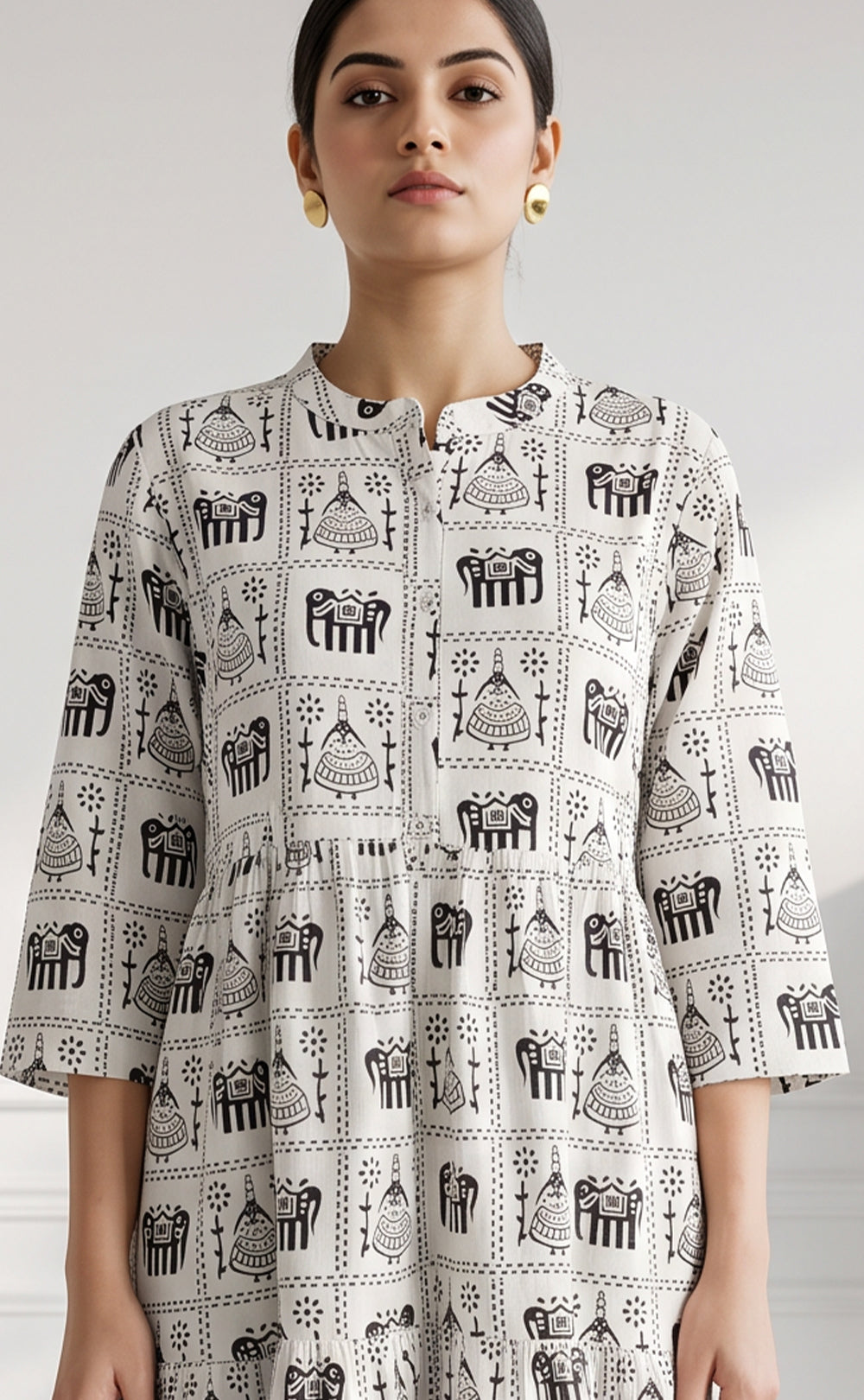 White Cotton All-Over Elephant And Geometric Printed Kurti Gown