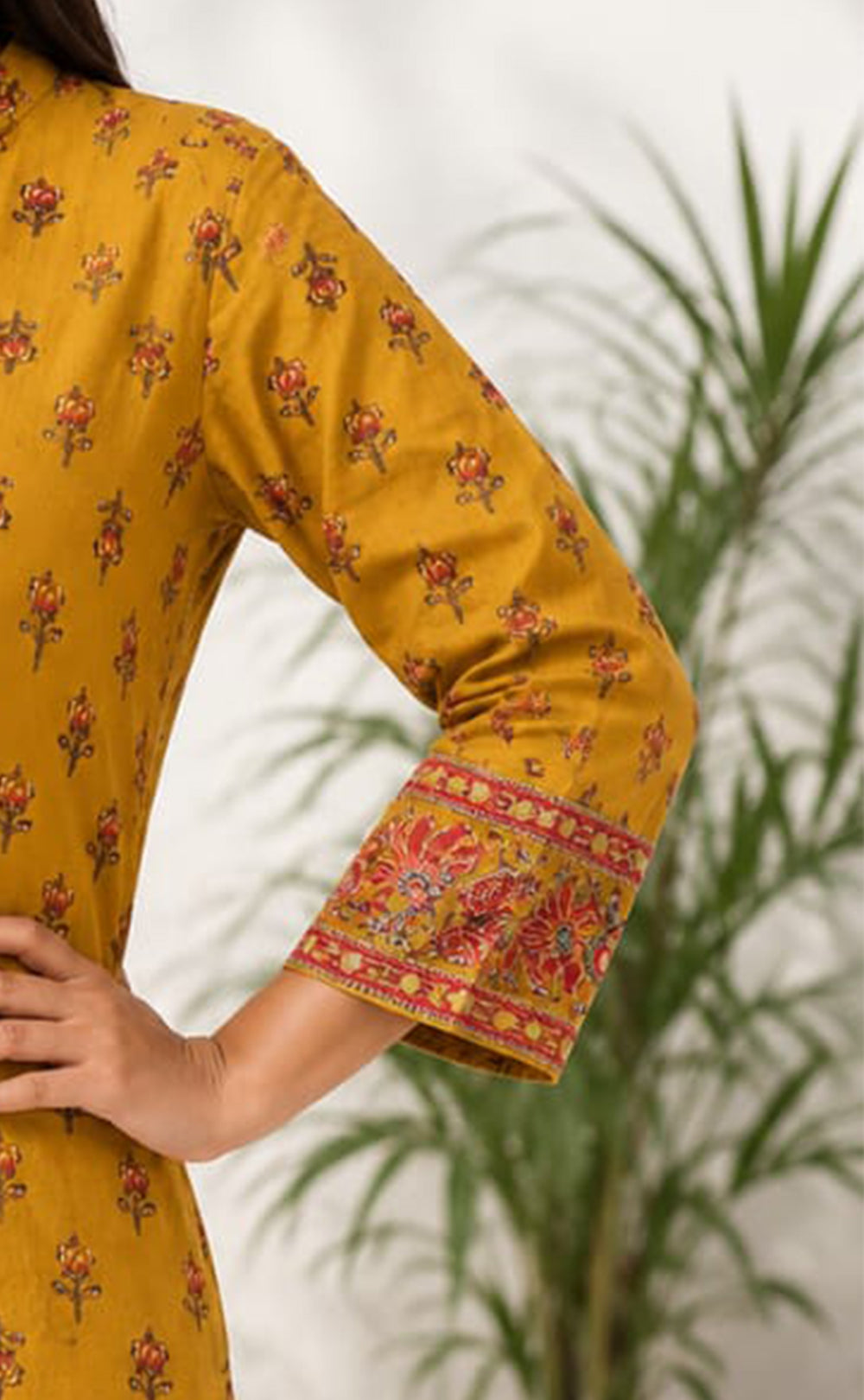 Yellow Cotton All-over Small Red Rose Printed Kurti Set