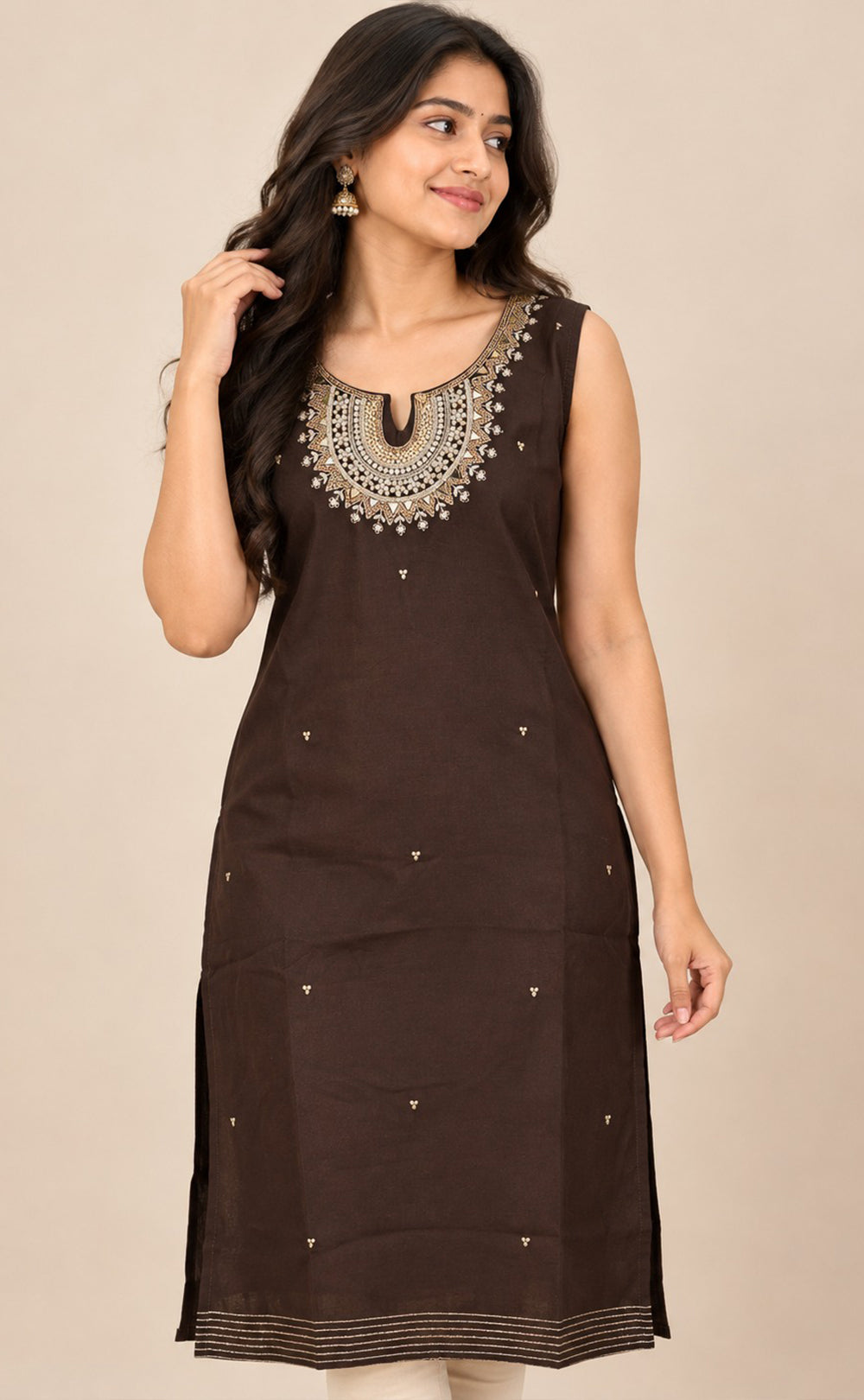 Dark Chocolate Brown Vichitra Silk Mirror Work Straight Kurti