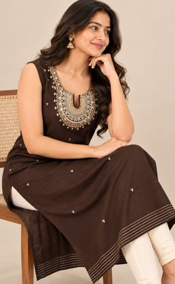 Dark Chocolate Brown Vichitra Silk Mirror Work Straight Kurti